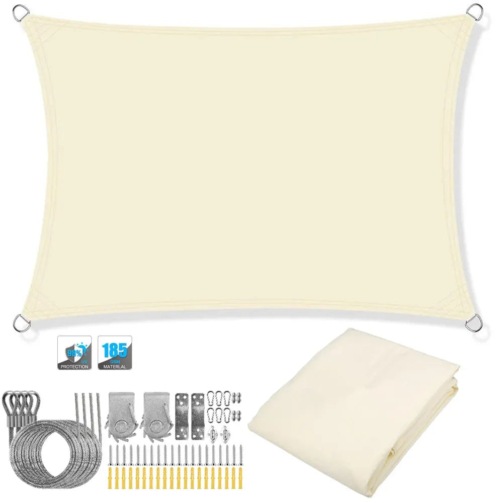 Light yellow rectangle sun shade sail canopy with corner grommets and folded spare fabric.