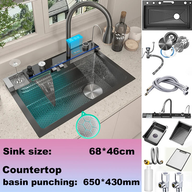 Stainless Steel Kitchen Sink Large Single Slot Multifunctional Waterfall Digital Display Faucet Wash Dish Bowl Undermount Basin