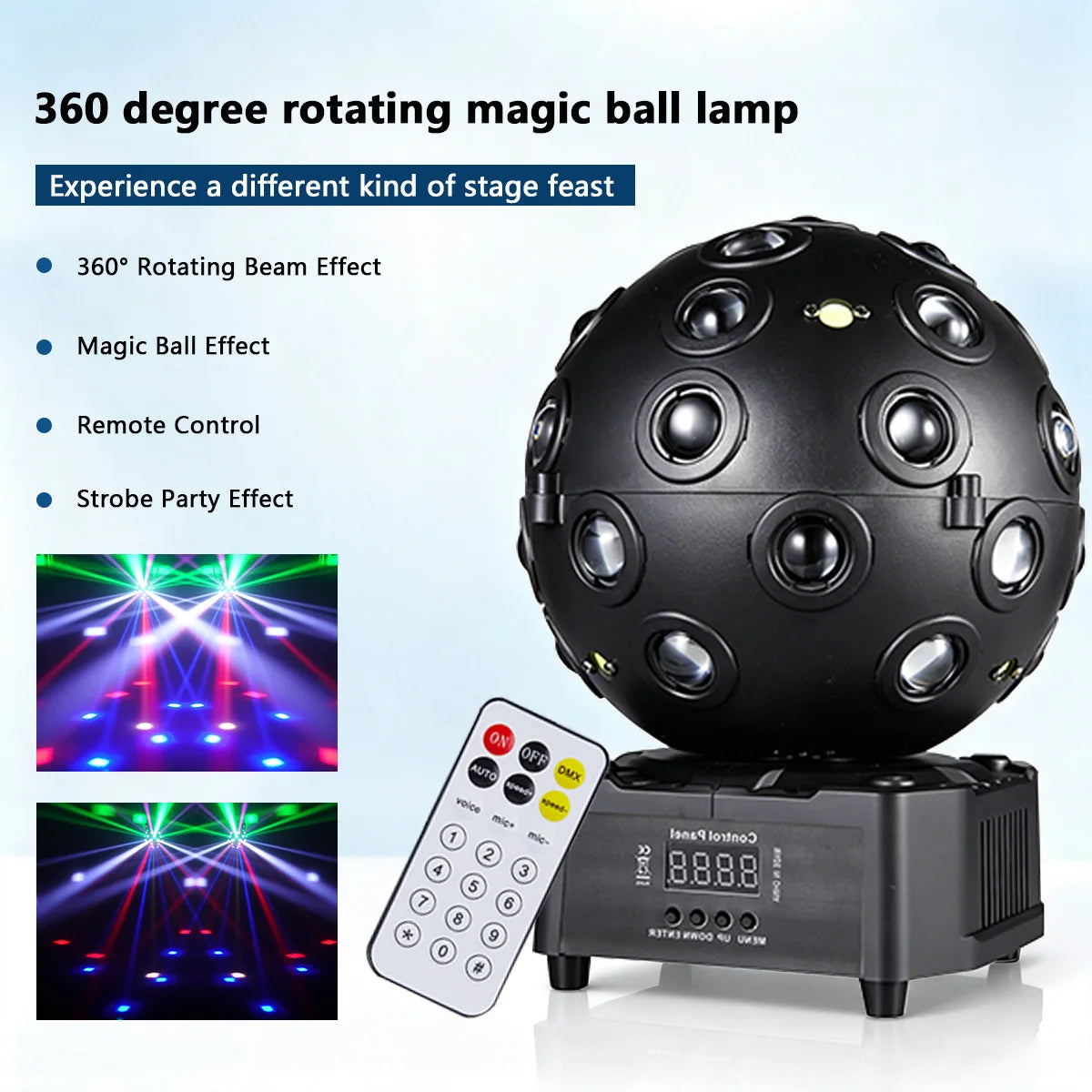 Black rotating LED disco ball stage light with vented base and remote control