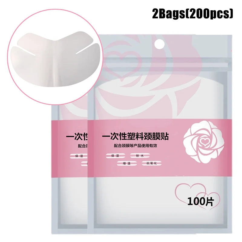 Two bags of 200 disposable, transparent plastic neck mask sheets featuring a curved, wing-like shape.