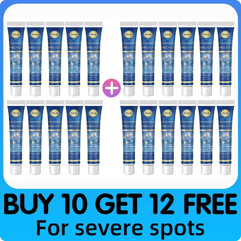 Twenty-two blue and white tubes of Nicotinamide Freckle Cream arranged in a grid with a plus sign in the center.