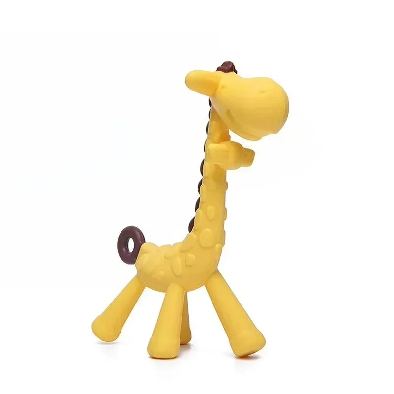 Yellow giraffe silicone baby teething toy for relief and soothing.