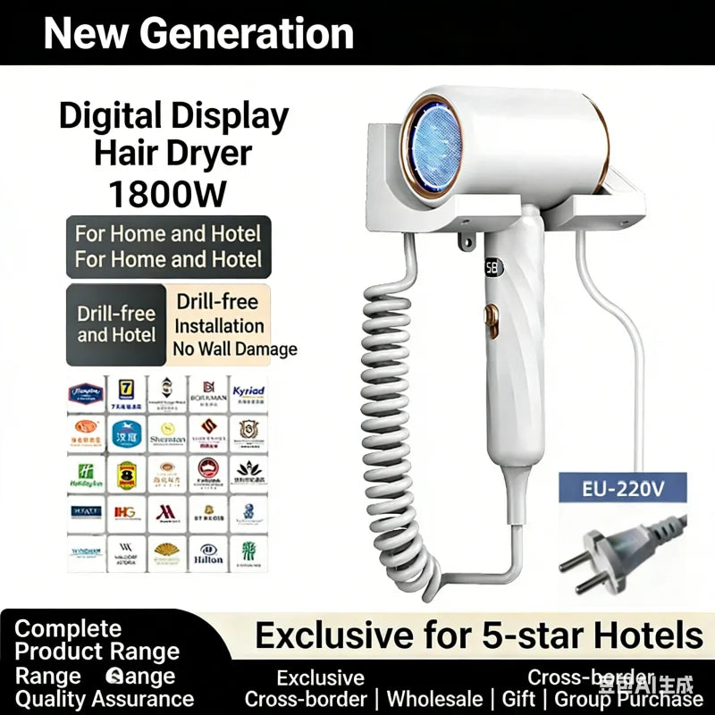White 1800W wall-mounted hair dryer with LED display, coiled cord, and drill-free holder for home or hotel bathrooms.