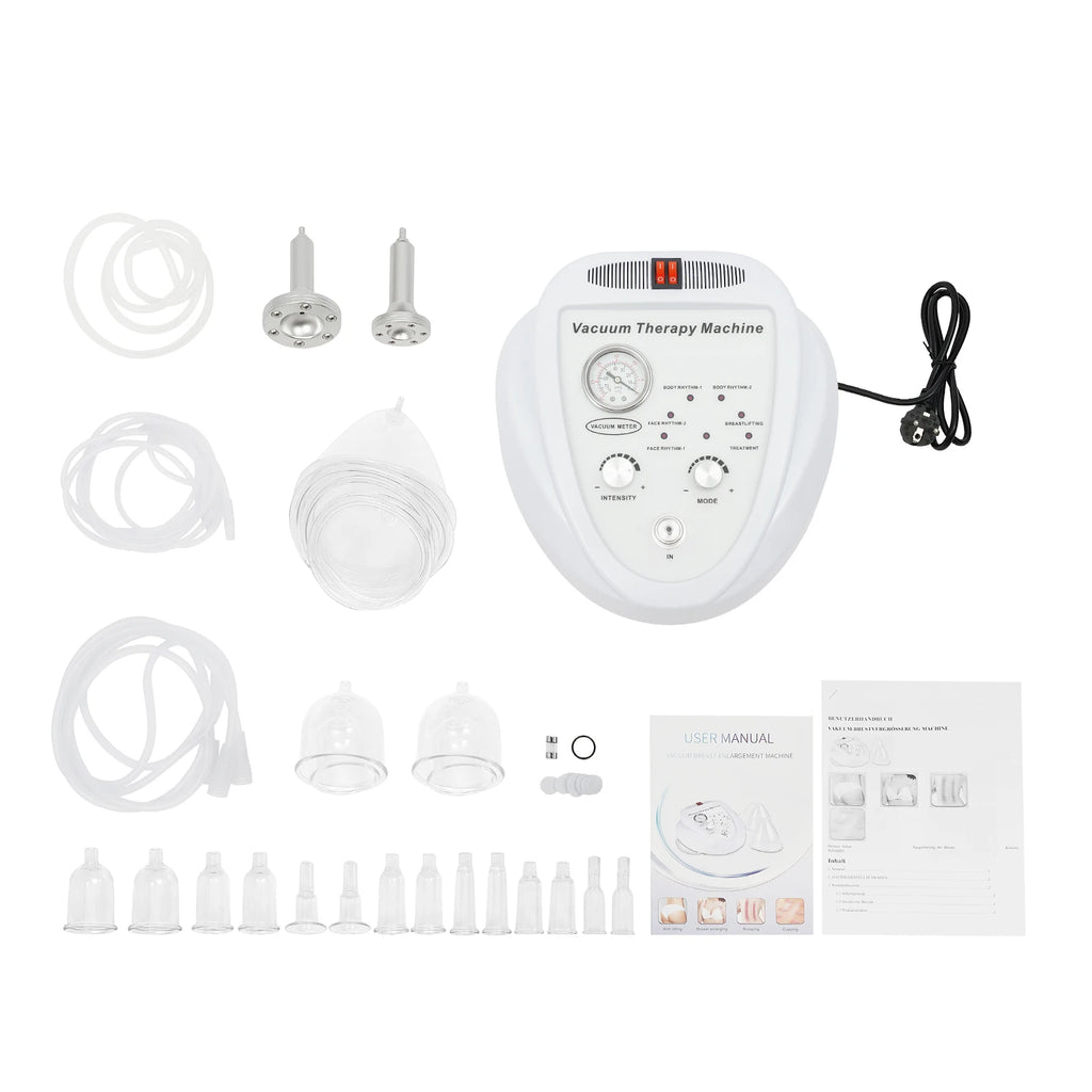 Vacuum therapy machine with white control console, multiple clear plastic suction cups, rubber tubing, and user manual.
