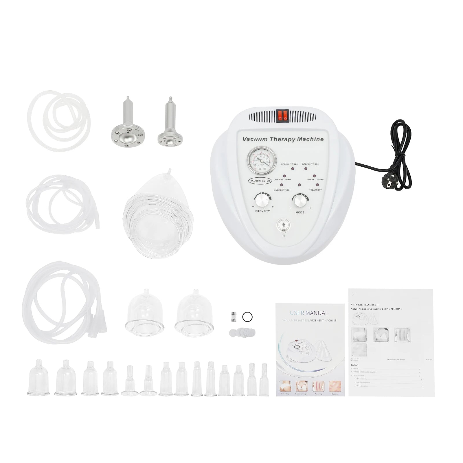 Vacuum therapy machine with white control console, multiple clear plastic suction cups, rubber tubing, and user manual.