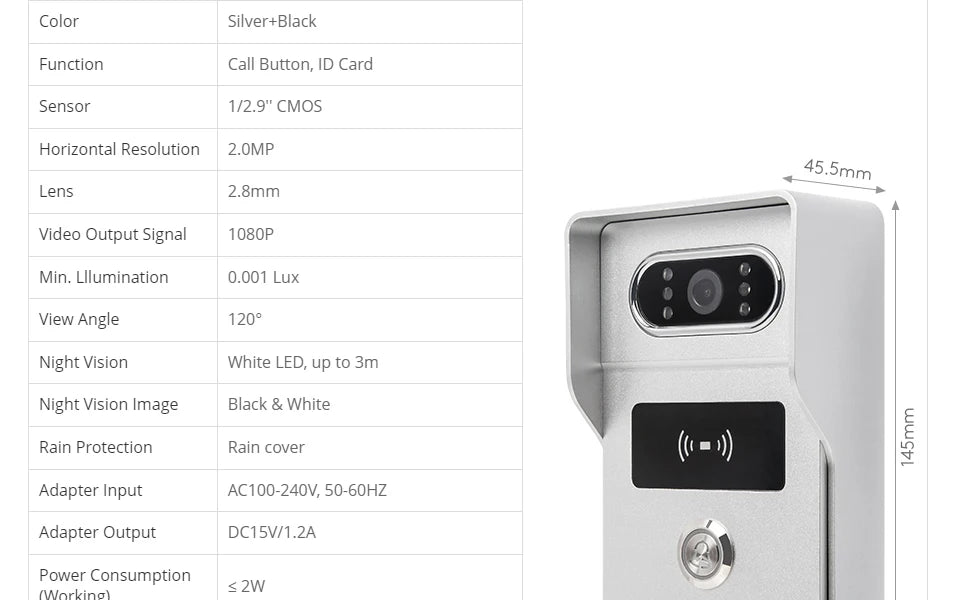 Surface Mount 4 Wire HD Doorbell Camera HTD2 120° View Angle RFID Access for HOMSECUR 1080P Home Video Door Phone Intercom