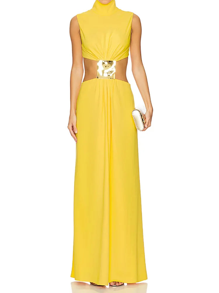 Solid Patchwork Hollow Out Fashion Maxi Dress, Women Summer Sleeveless Simple Party Dress, 2025 New Turtleneck Sexy Ladies Dress