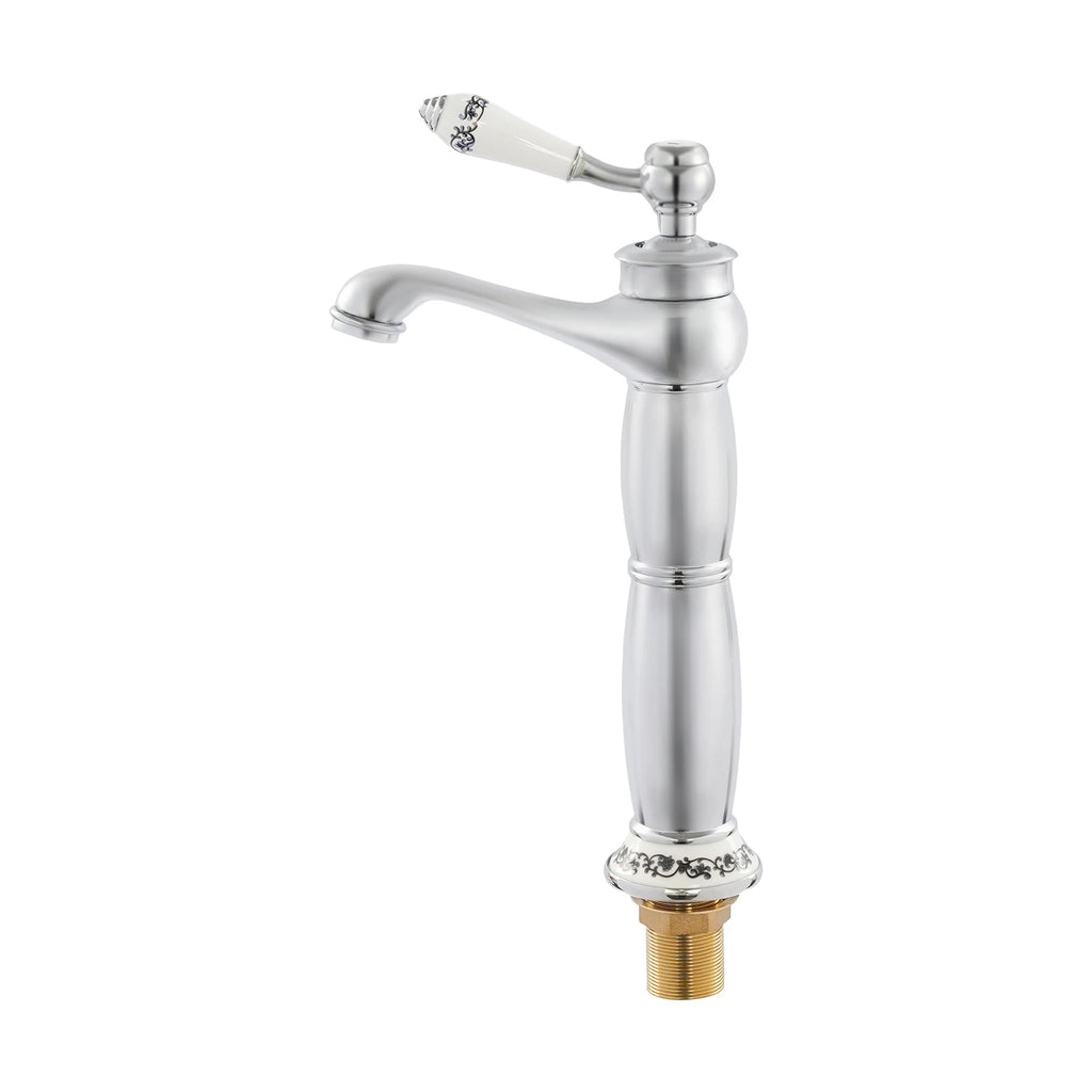 Solid Brass Silver Single-Handle Bathroom Faucet, Chrome-Plated Modern Deck Mount Basin Tap, 0.5-0.7MPa High-Pressure Cold/Hot Water Mixer