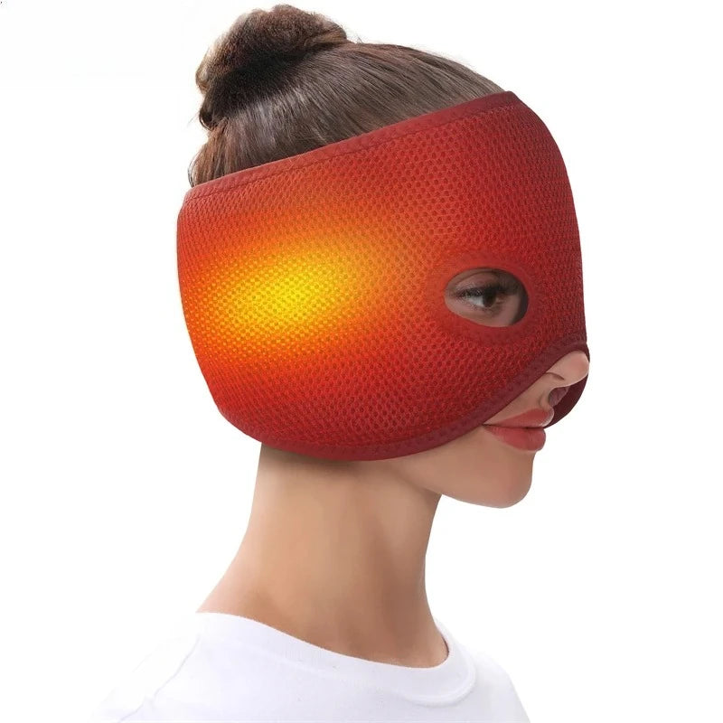 Red mesh half-face mask covering cheeks and ears, showing a glowing heat effect on the side against a white background.