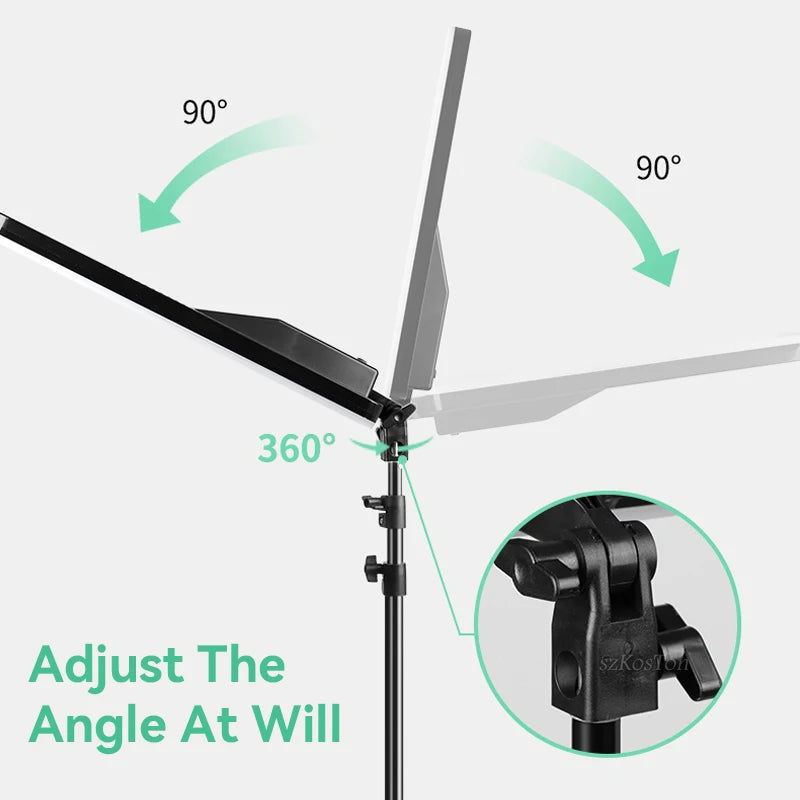 LED panel light with adjustable stand, showing 90-degree tilt and 360-degree rotation for flexible studio lighting.
