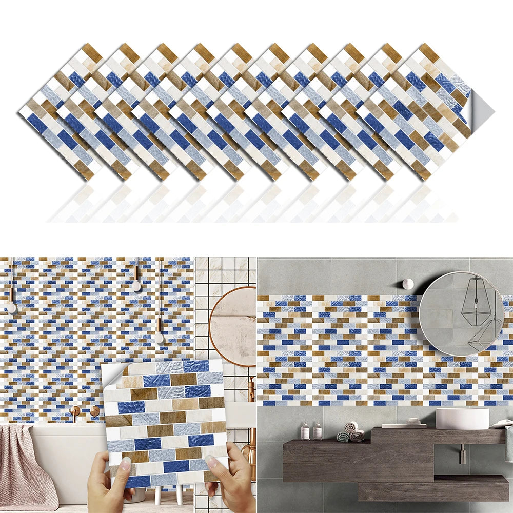 10pcs/set Flat Marble Mosaic Tiles Sticker Transfers Covers For Kitchen Bathroom Tables Peel & Stick Waterproof Art Wall Decals