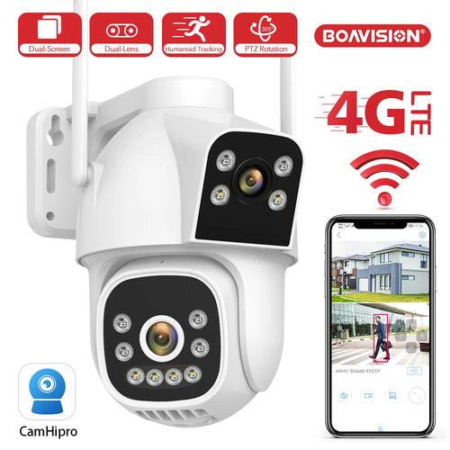 White dual-lens PTZ security camera with dual screen app preview and 4G Wi‑Fi icons