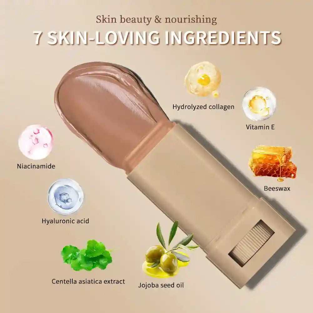 Tidesmit foundation stick serum balm texture close-up showing silky moisturizing coverage for natural skin tone