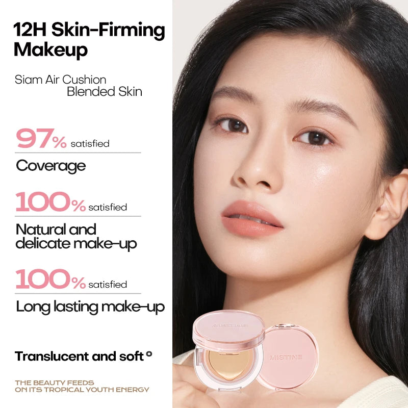 Tidesmit Mistine air cushion foundation texture close-up for dewy natural finish and nourished combination skin