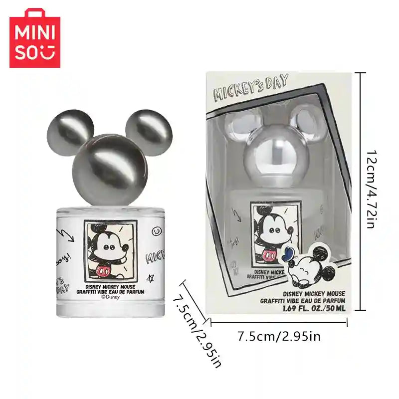MINISO Disney Mickey Mouse Graffiti Vibe EDP 50ml, floral women’s perfume in iconic Mickey ear shaped bottle.