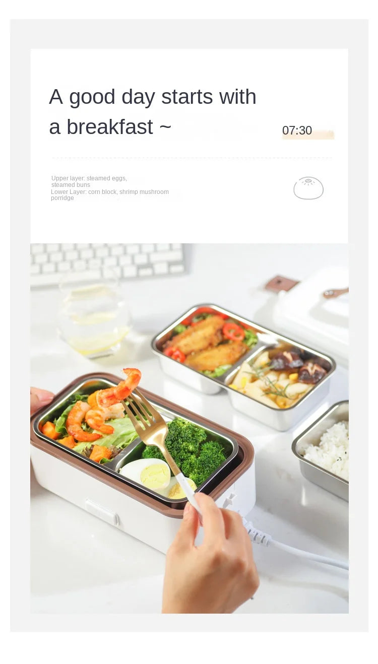 White electric lunch heating box with open compartments and food portions on tray
