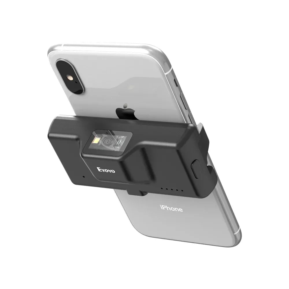 Eyoyo clip-on 2D barcode scanner with lens window and phone contact clip, front angled