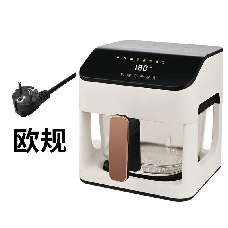 White smart air fryer with transparent pot window, black display panel set to 180°C, power plug