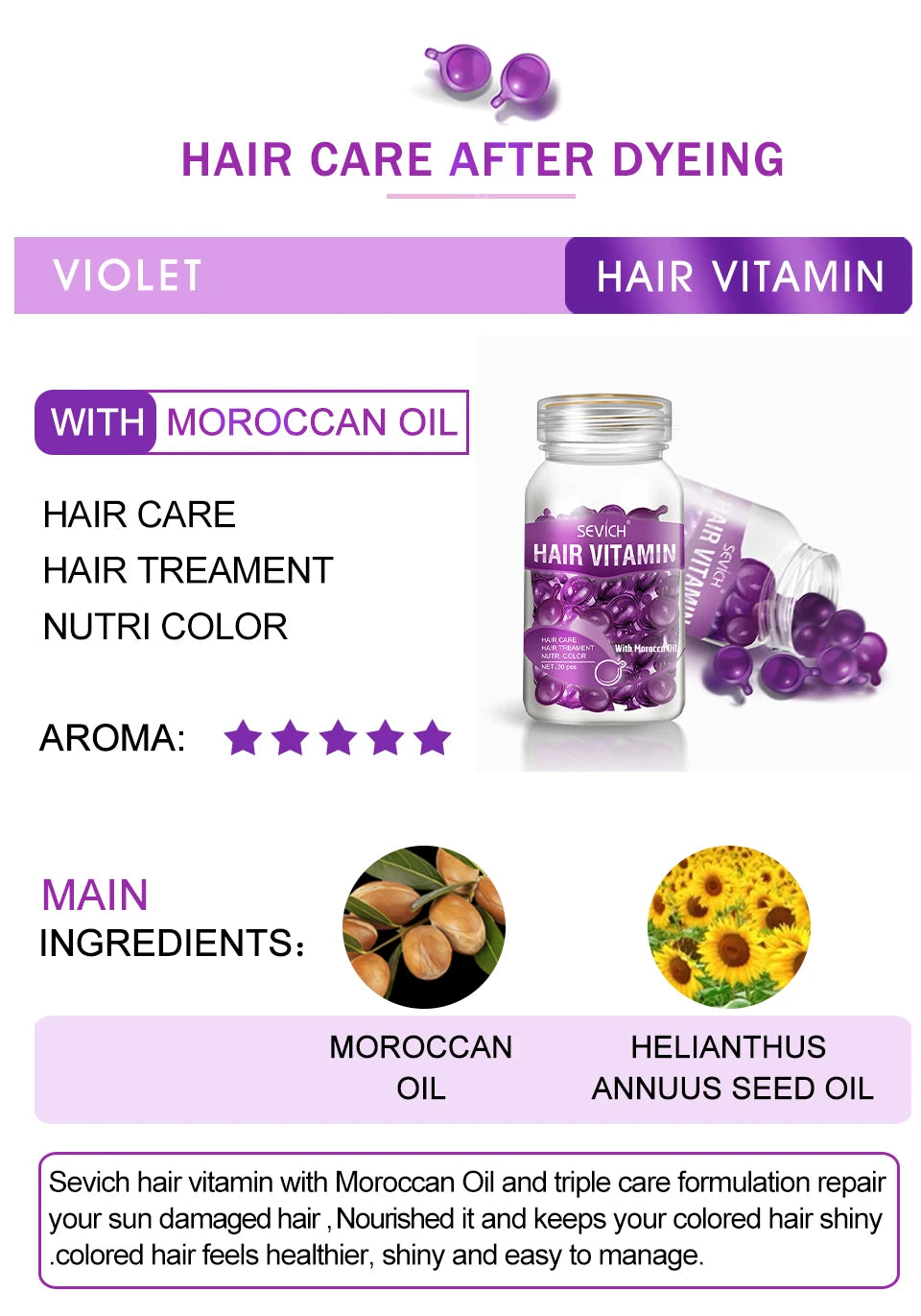 Sevich 30pc Keratin Moroccan Oil Hair Vitamin Capsules for Damaged, Colored Hair Repair by Tidesmit.