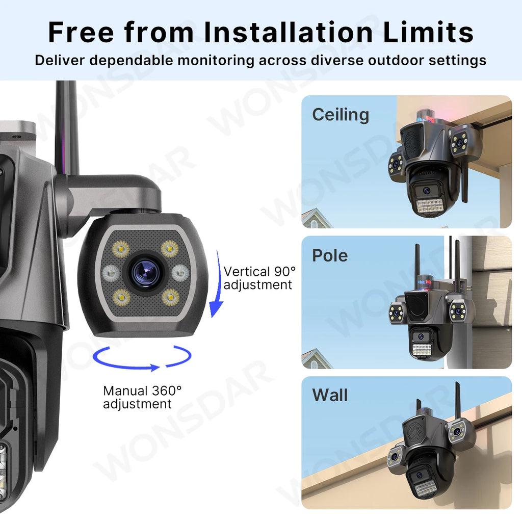 WONSDAR WiFi IP Camera Outdoor Three Lens Triple Screen Home Security CCTV Surveillance Cameras AI Human Detection Audio ICSEE