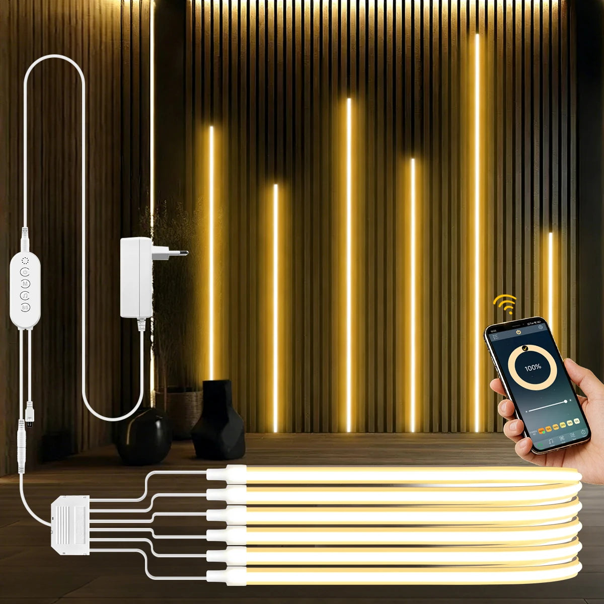 Bluetooth APP Control Self-Adhesive Neon COB LED Strip Light Bedroom Embedded Acoustic Wall Panel Decor Backlight LED Tape
