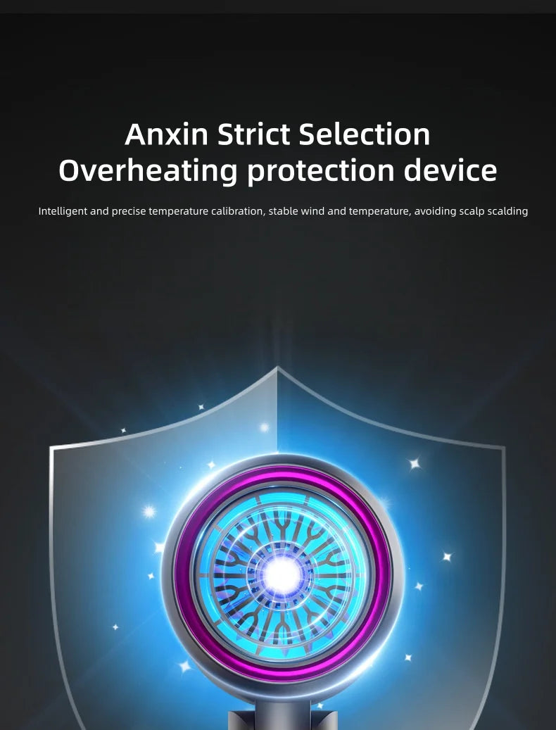 Foldable negative ion hair dryer with overheating protection, high-speed airflow, and professional salon-grade nozzle.