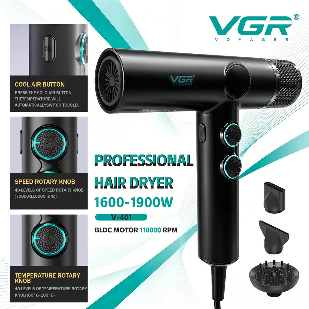 VGR V-401 professional black hair dryer with brushless motor, rotary speed/heat knobs, and styling attachments.
