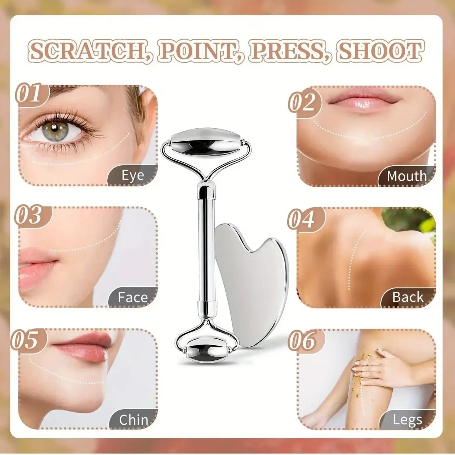 Silver stainless steel dual-head facial roller and heart-shaped gua sha tool with illustrative usage diagrams.