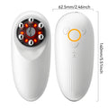 White handheld facial and body skin tightening device with six metal massage rollers, LED light, and control buttons.