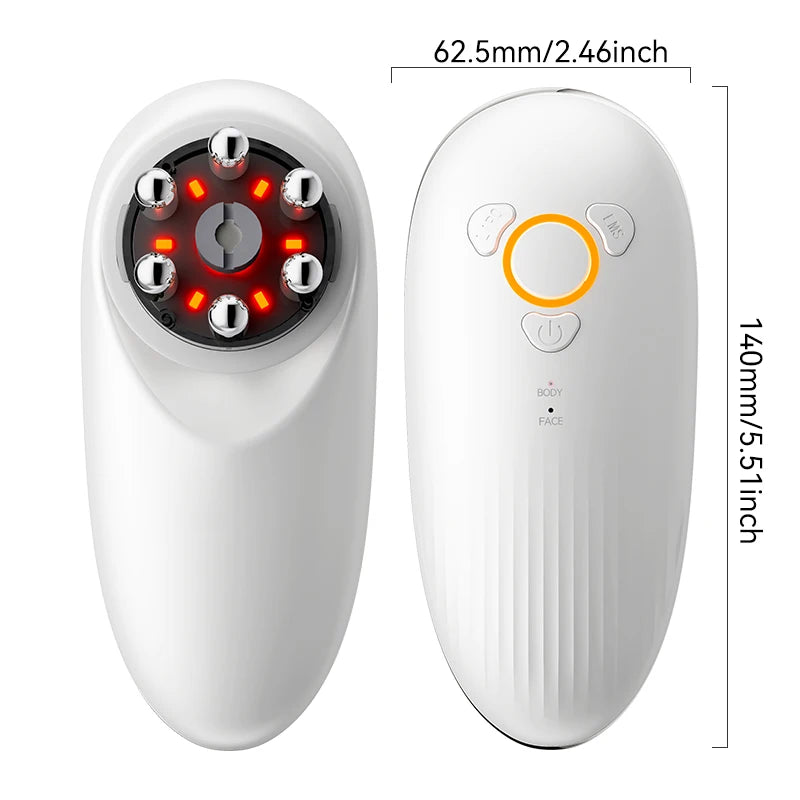 White handheld facial and body skin tightening device with six metal massage rollers, LED light, and control buttons.