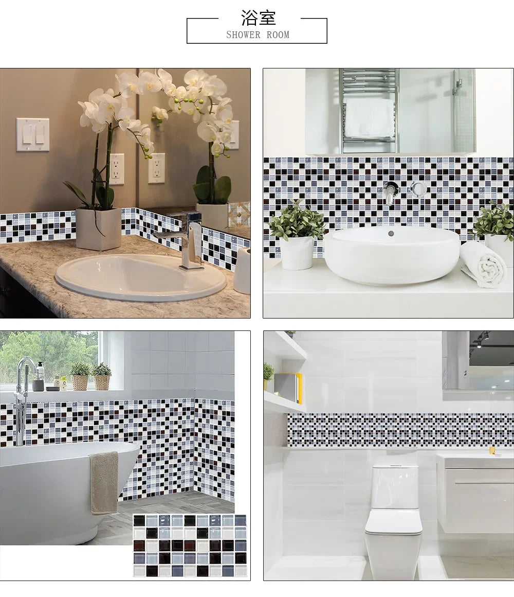 10pcs/set 10/15/20/30cm Flat Marble Mosaic Hard Tiles Wall Sticker Kitchen Bathroom Floor Diagonal Decor Wallpaper PVC Art Mural