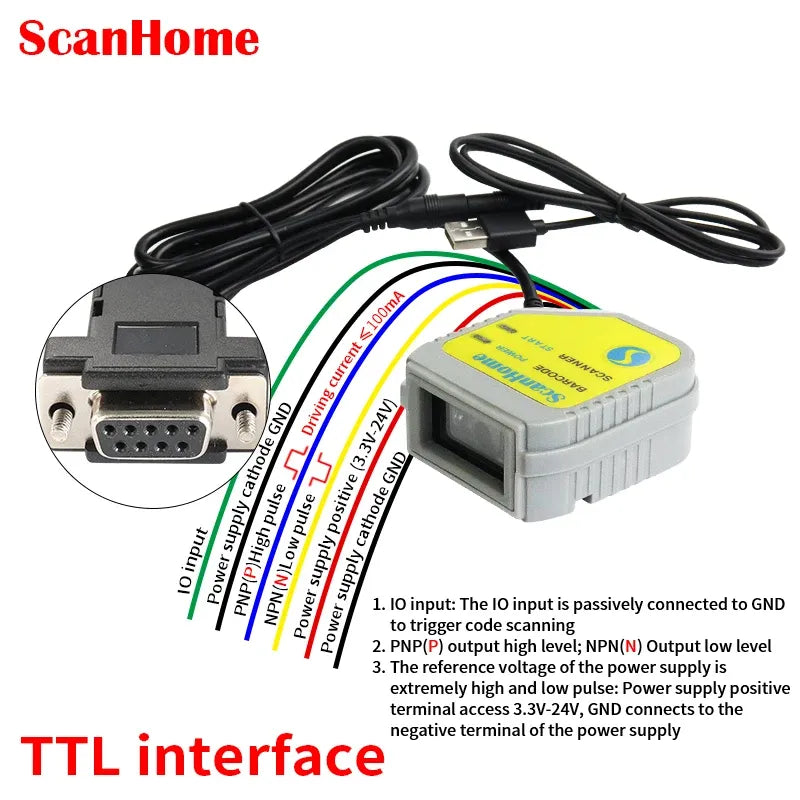 ScanHome barcode scanner TTL interface with wiring harness and connector