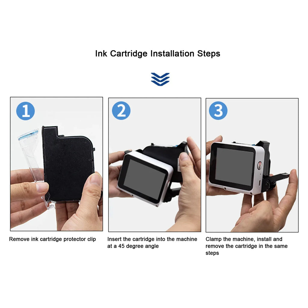 Handheld inkjet printer with ink cartridge installed step shown in hands