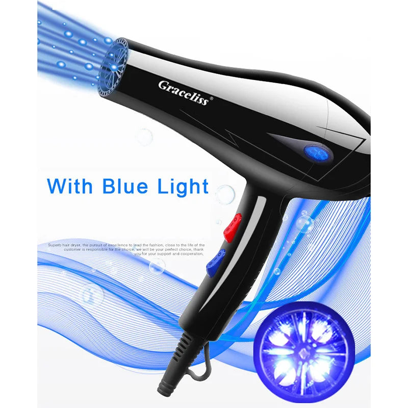 Black Graceliss professional hair dryer with blue light, hot/cold settings, and EU plug for salon or home use.