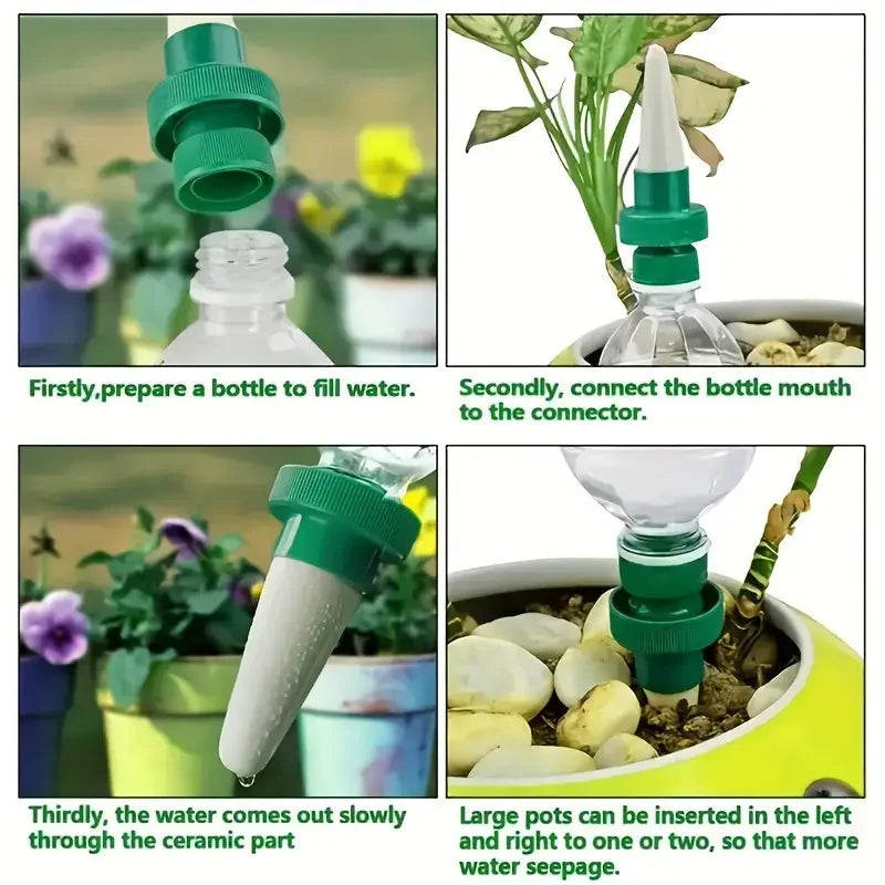 Automatic plant drip irrigation stakes with bottle adapter and white ceramic slow-water tips