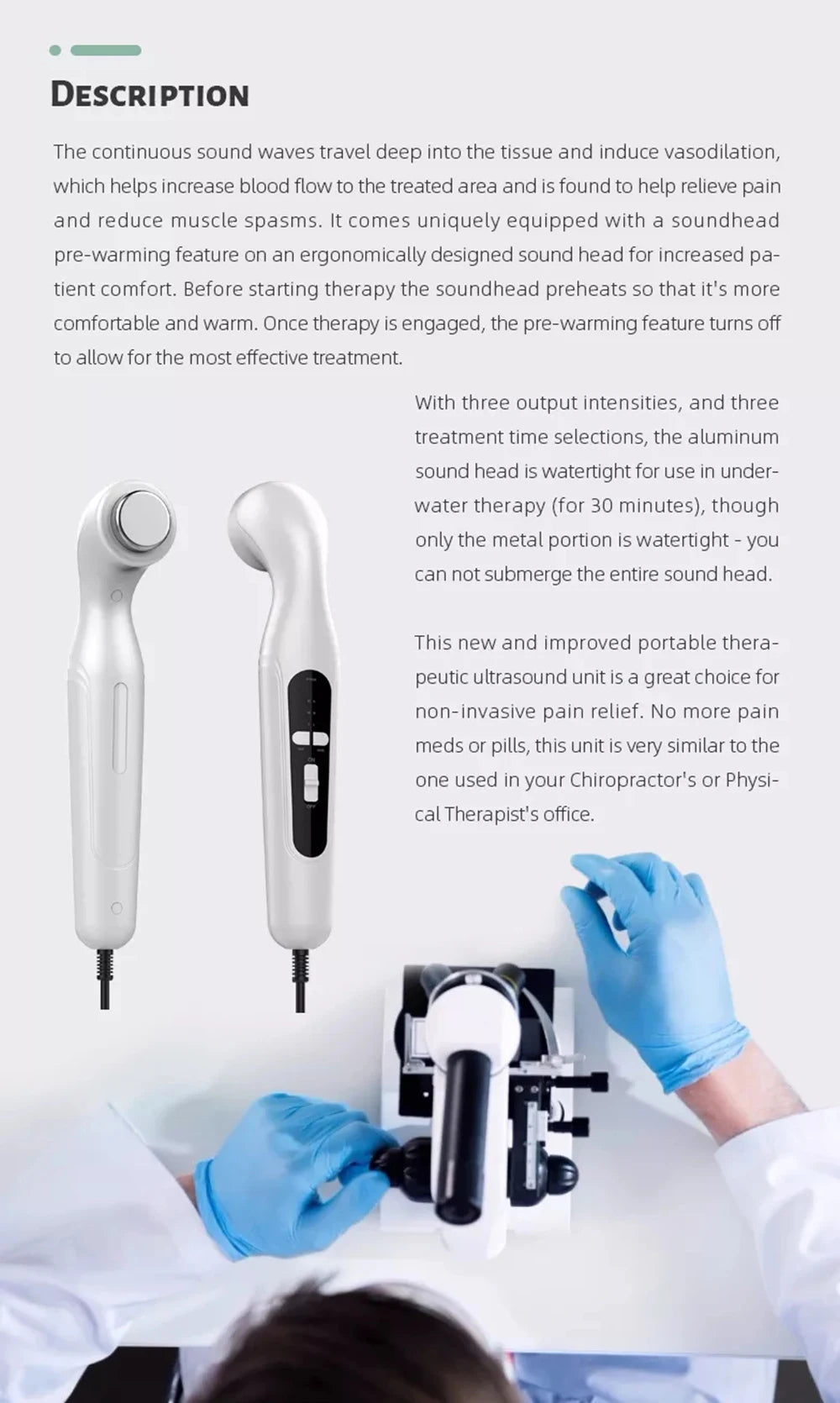 Portable white therapeutic ultrasound device for pain relief, muscle massage, and professional physical therapy at home.