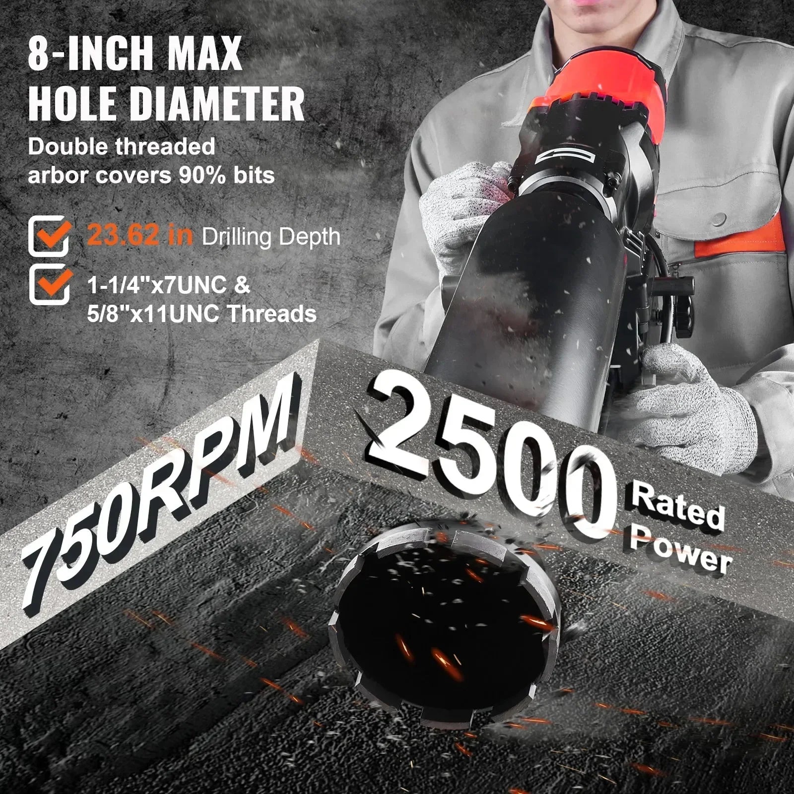 VEVOR 3200W wet dry dual-purpose diamond drilling machine 750 rpm concrete with bracket water drilling rig