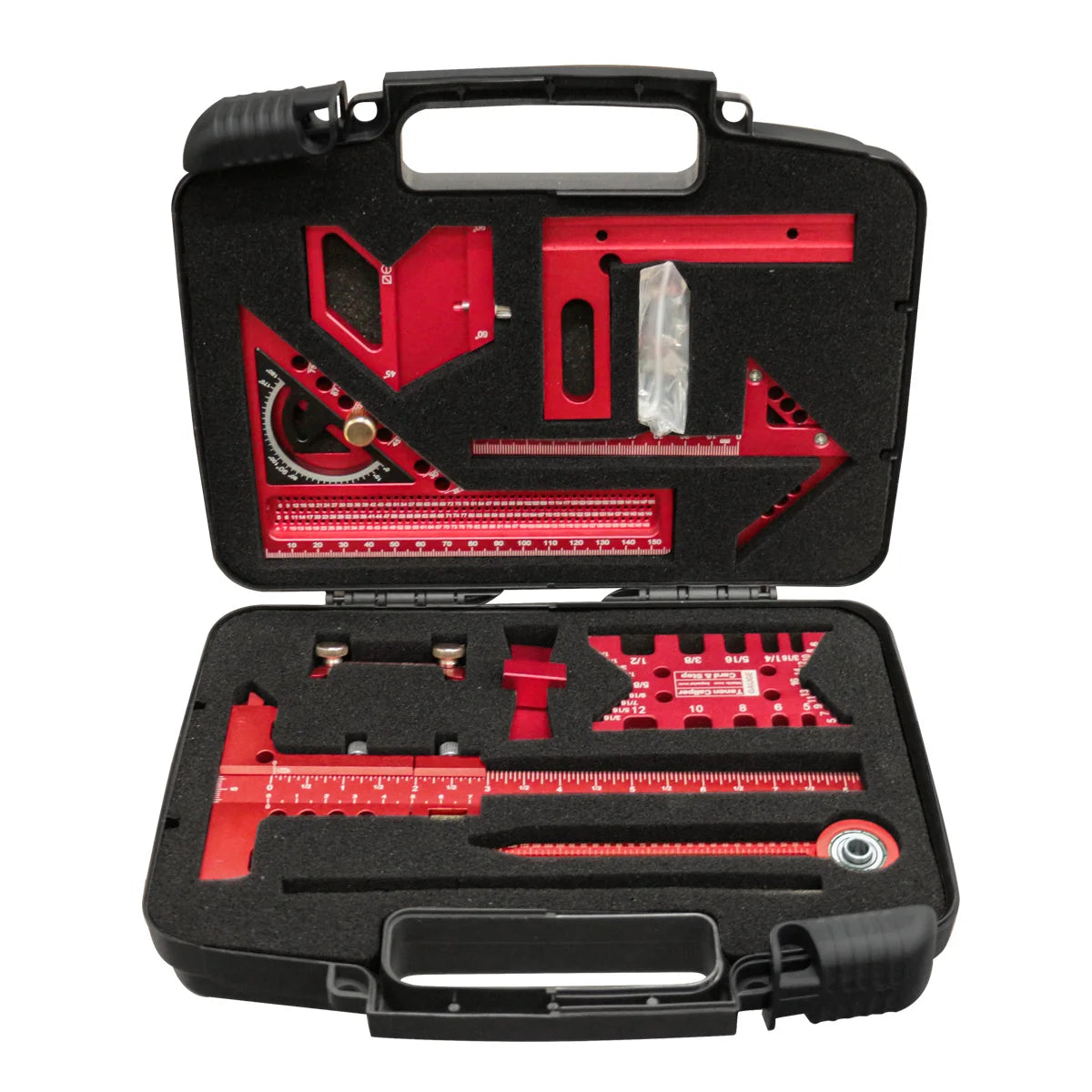 9Pcs Woodworking Square Kit with Box, Aluminum Scribeing Ruler,Center Finder,Circular Drawing Compass,Honing Guide,Height Gauge