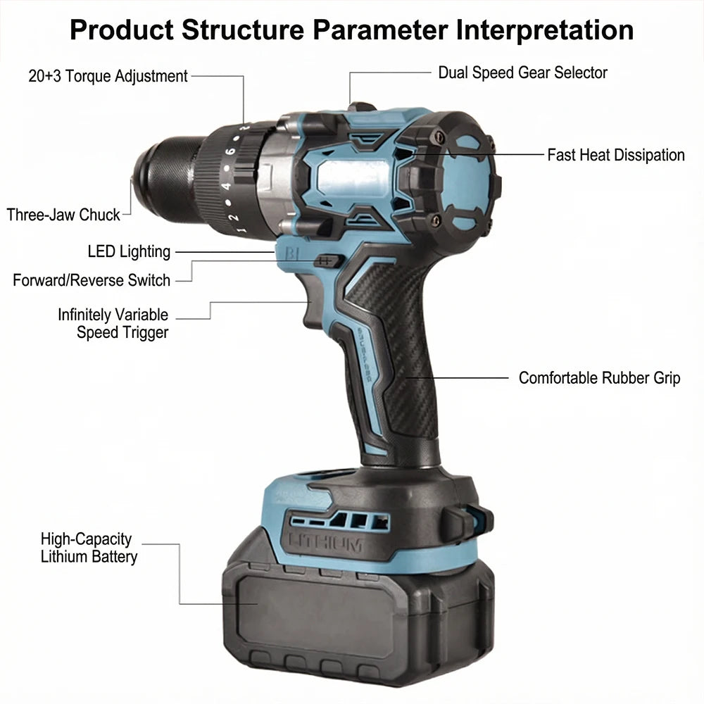Podofo High Power Brushless 13mm Cordless Hammer Impact Drill Driver Portable Power Drill Heavy Duty Drilling Machine 140N.m Torque 20+3 Clutch 3 Modes Impact Drilling Flat Drilling Screw Driving For Wall Ice Metal Wood Drill