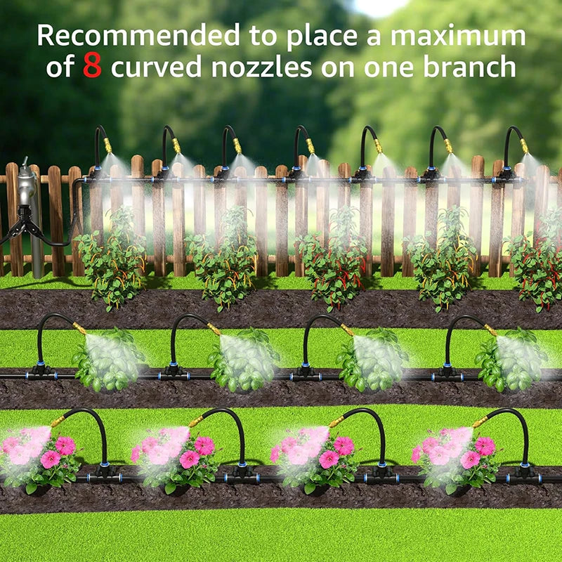 Garden sprinkler irrigation line with multiple curved nozzles spraying mist over rows
