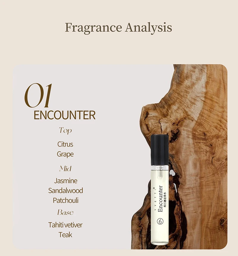 HOPE CHRISTINE Encounter EDT perfume vial, unisex scent with citrus, jasmine, and sandalwood notes, sleek travel spray.