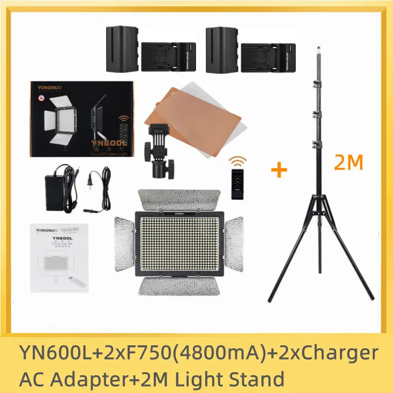 YN600L LED video light kit with two batteries, charger, AC adapter, color filters, remote, and a 2-meter light stand.