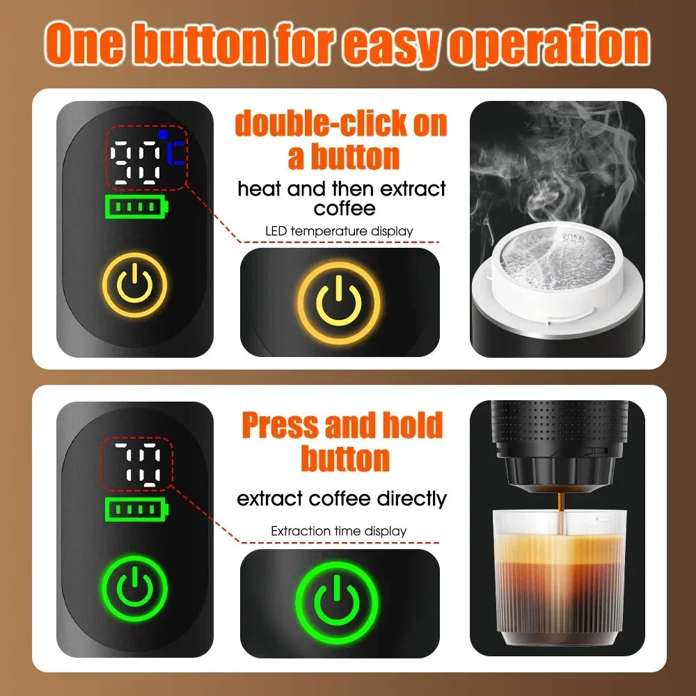 Portable black electric coffee maker with LED temperature display, battery indicator, and one-button operation.