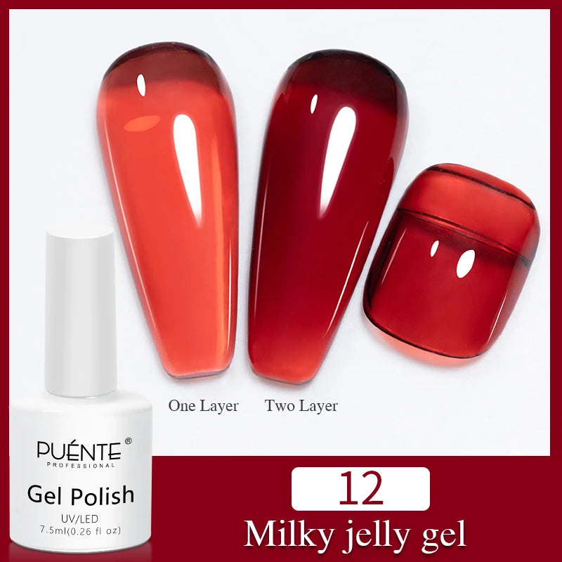 Red milky jelly gel polish in 7.5ml bottle with swatches showing one and two layer application effects.