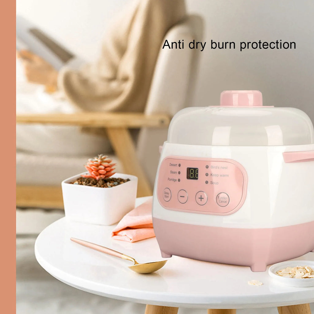 Pink mini electric rice cooker with anti-dry-burn protection and touch control panel