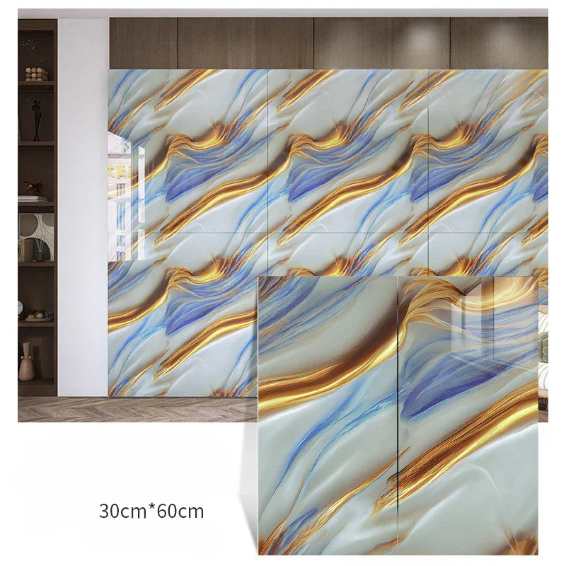Self-adhesive marble-pattern wall sticker set, light blue with gold and dark blue wave streaks, 3-panel