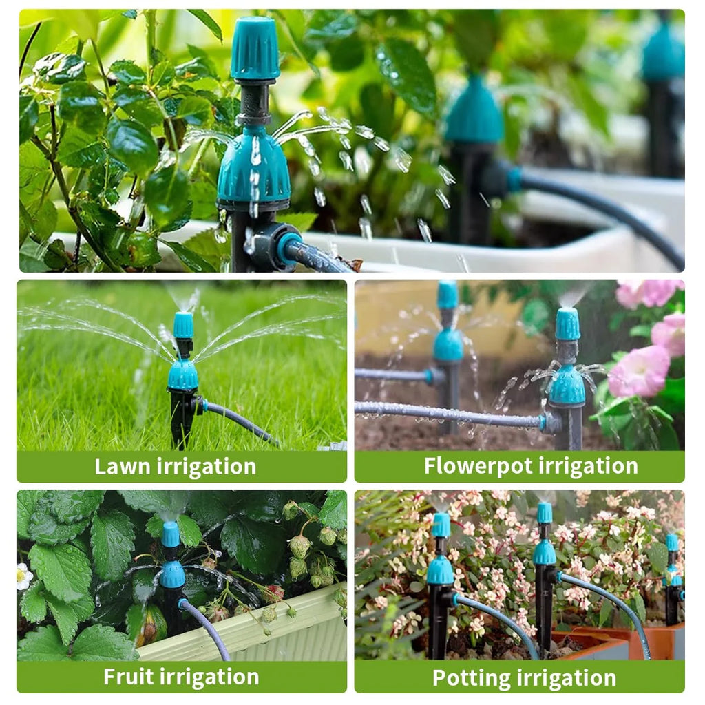 Drip irrigation sprinklers with blue nozzles watering plants in garden beds and pots