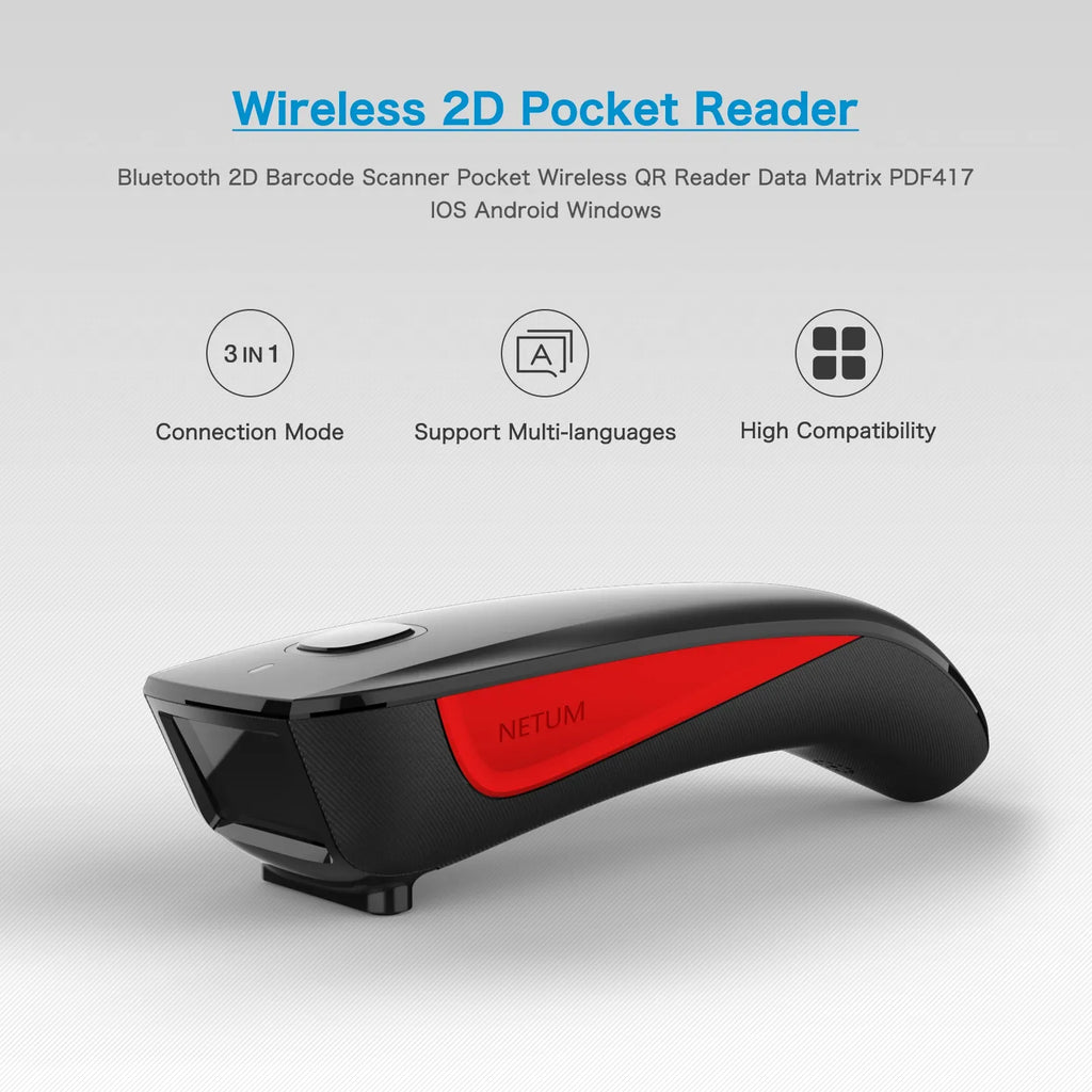 Wireless 2D pocket reader with red accent on black handheld scanner body