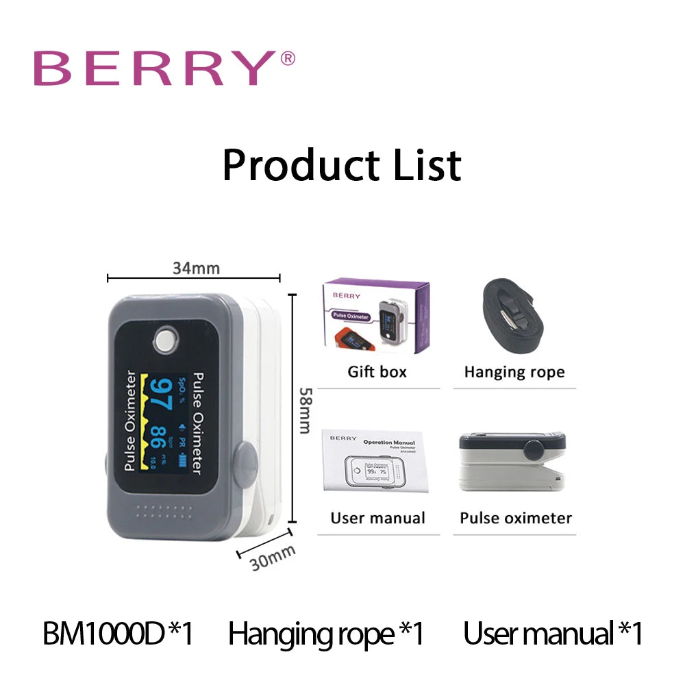BERRY OLED Finger Oximeter Blood Oxygen Pediatric Oximeters Fingertip Portable Oximeters Saturation Meter Heart Rate Monitor