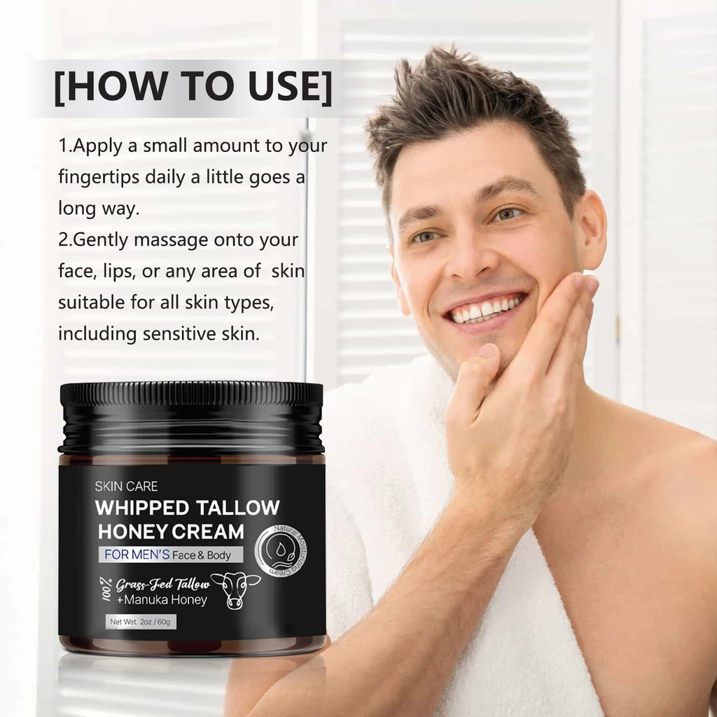 Men's Whipped Tallow Honey Cream 60g - Tallow & Manuka Honey, Non-Greasy Moisturizing Face & Body Balm for Dry Skin Care.